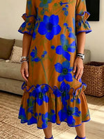 Retro Floral Pattern Art Print Casual Ruffle Stylish Cotton Linen Dress