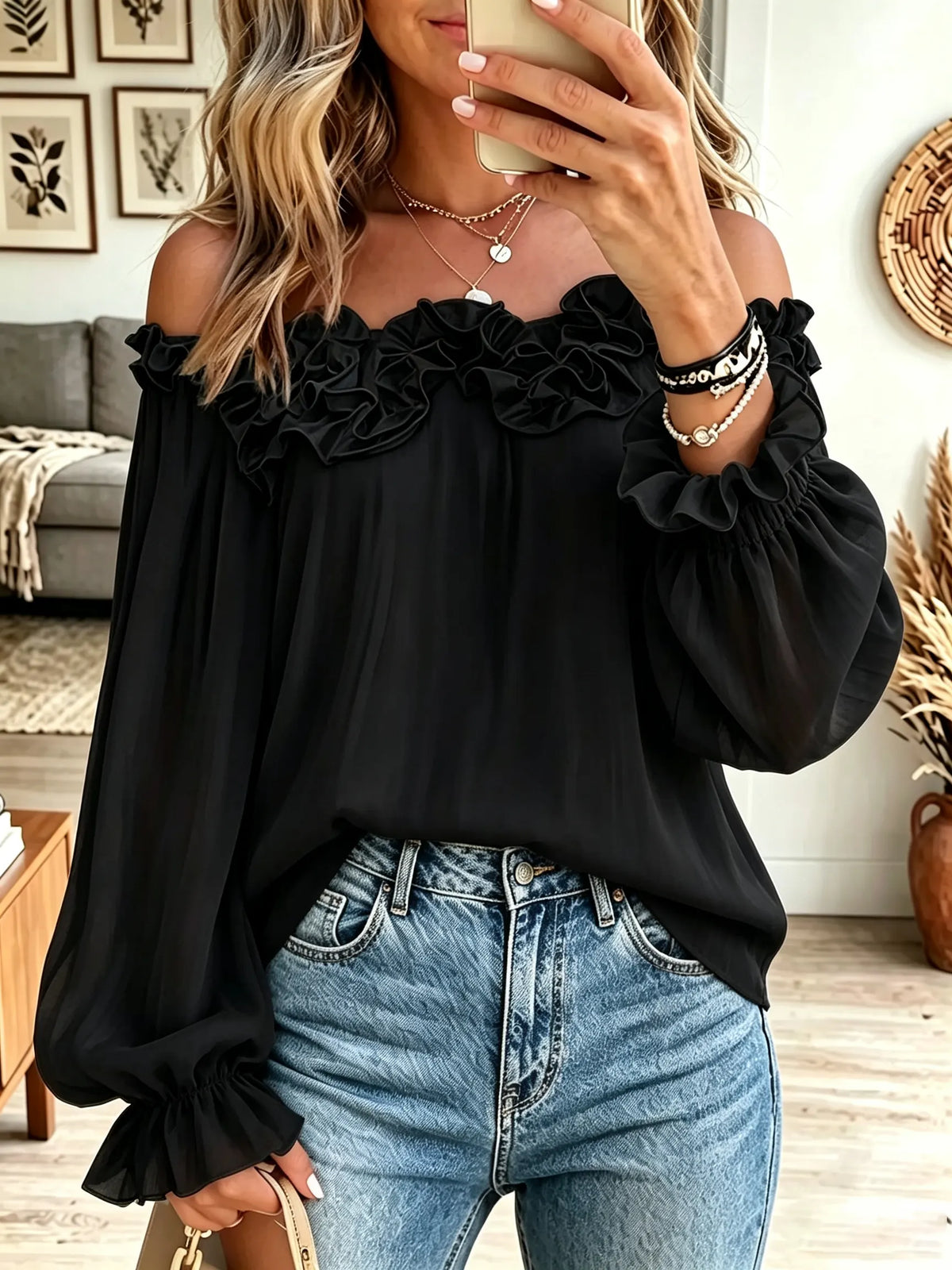 Women's Ruffled Off-the-Shoulder Chiffon Blouse