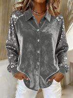 Velvet Sequin Raglan Sleeve Shirt, Button‑Down Party Blouse for Women