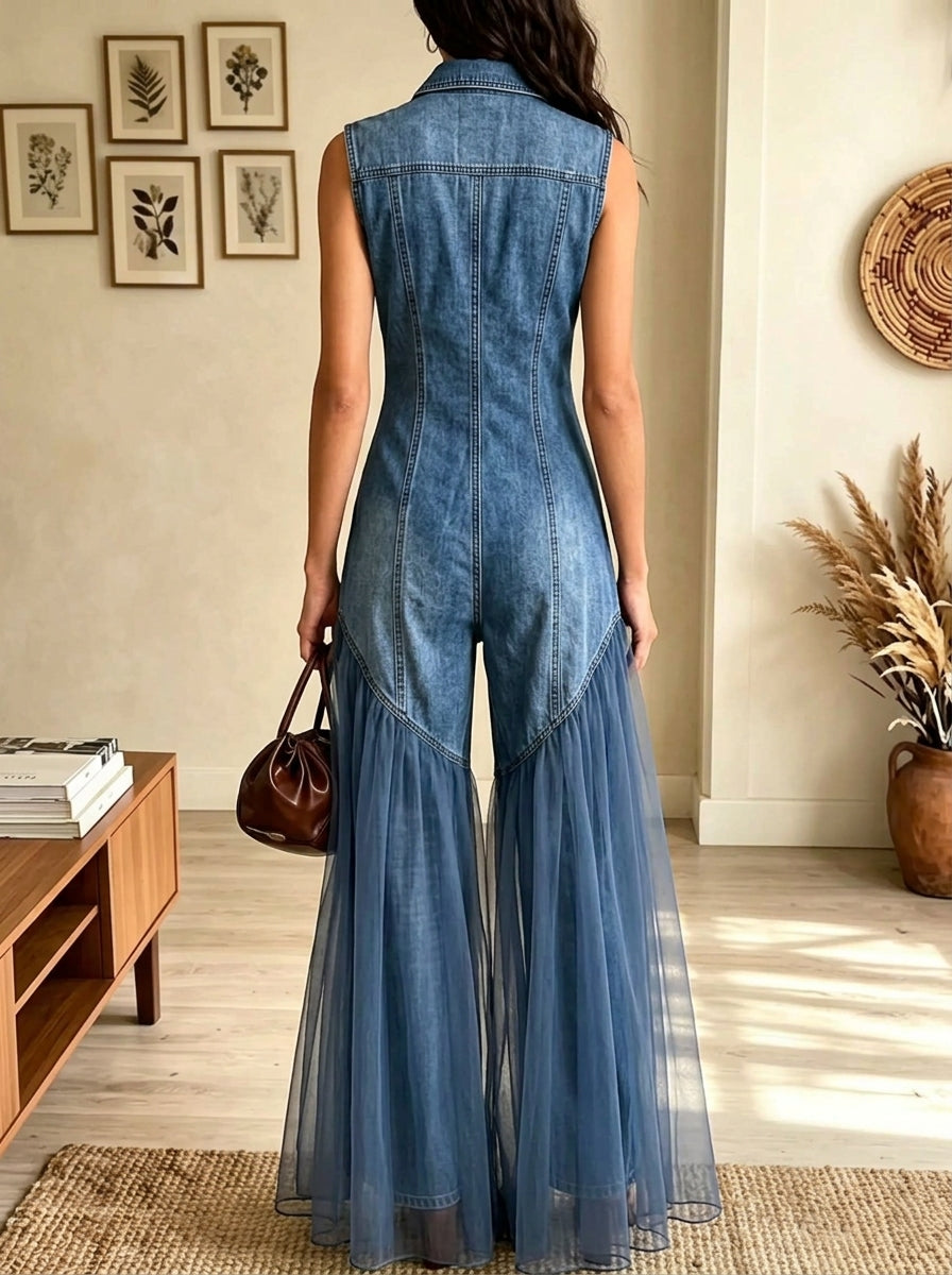 Women's Sleeveless Tulle Panel Denim Jumpsuit