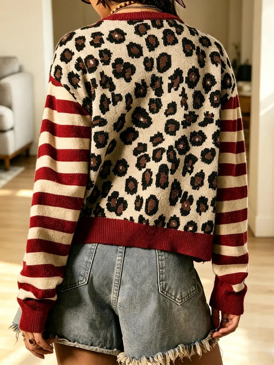 Retro Leopard Stripe Art Casual Stylish Long Sleeve Knitted Cardigan Sweater