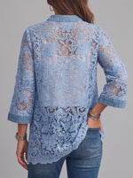 Women Floral Lace Denim Spliced Open Front Cardigan 3/4 Sleeve Casual Jacket With Pockets