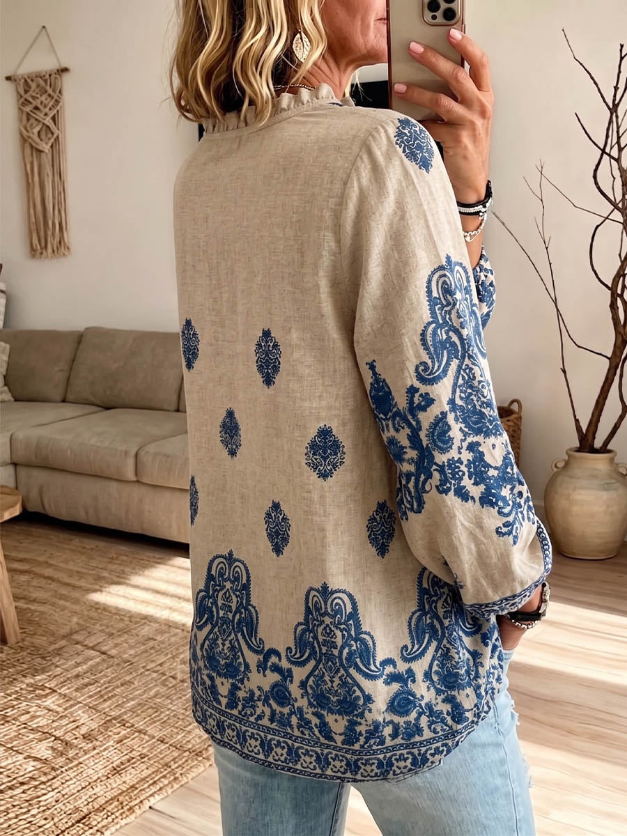 Vintage Elegant Button Long Sleeve Patterned Shirt