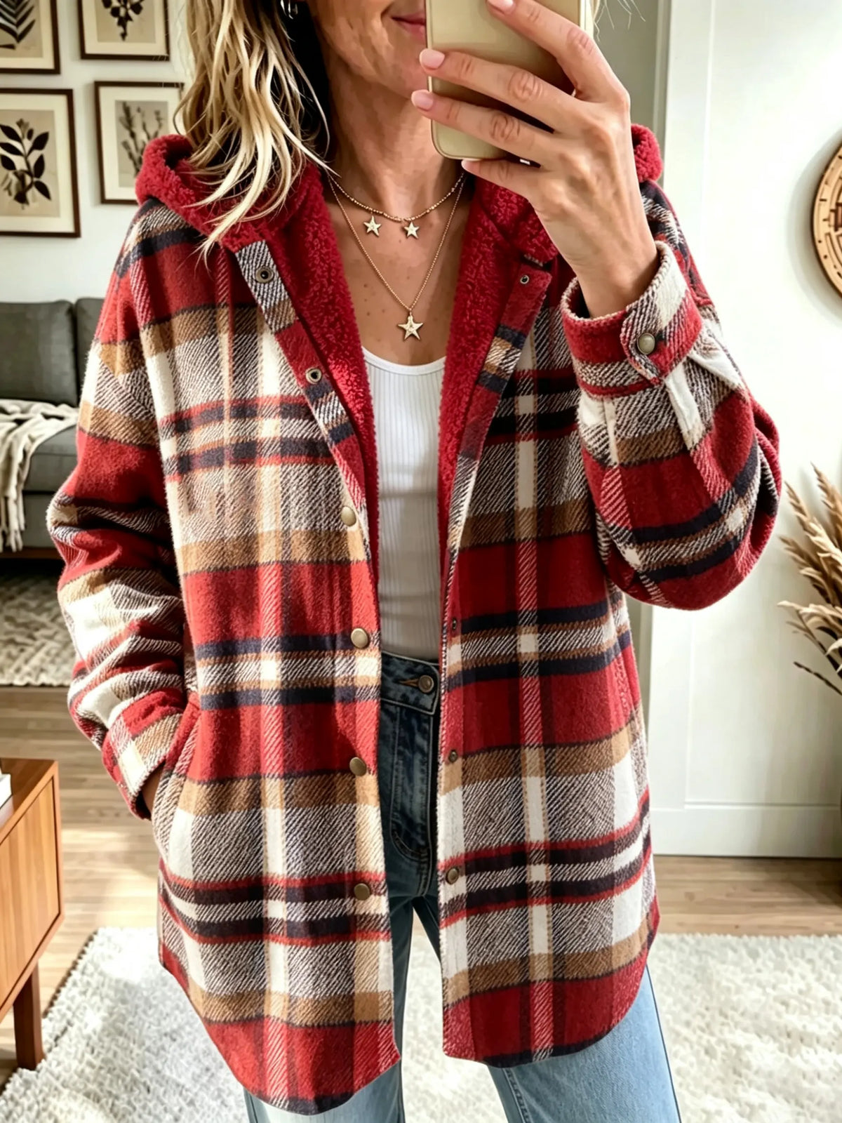 Women's Plaid Button-Down Hooded Shacke