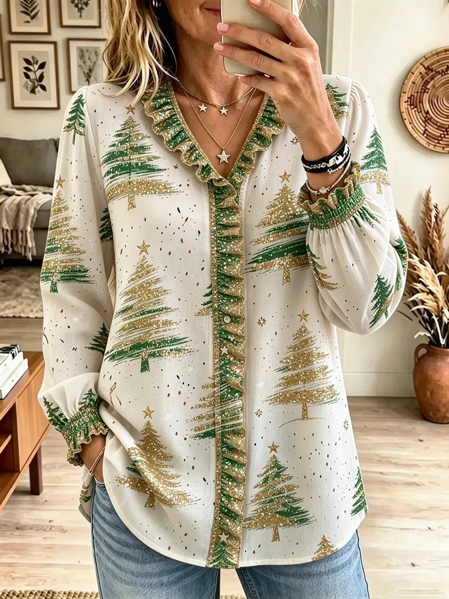 Women's Christmas Tree Print Ruffle Trim Long Sleeve V Neck Blouse