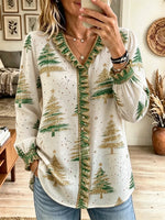 Women's Christmas Tree Print Ruffle Trim Long Sleeve V Neck Blouse