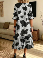 Retro Cow Shiny Pattern Art Print Casual Ruffle Stylish Cotton Linen Dress