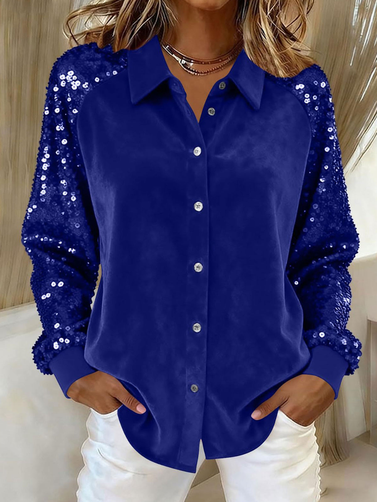 Velvet Sequin Raglan Sleeve Shirt, Button‑Down Party Blouse for Women