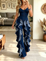 Women's V Neck Sleeveless Denim Jumpsuit, Frayed Ruffle Flared Wide Leg Jean Romper