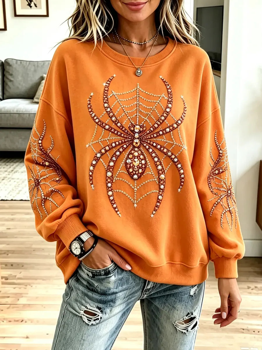 Vintage Halloween Spider Pattern Shiny Art Casual Stylish Long Sleeve Sweatshirt