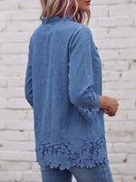 Vintage Elegant Denim Patchwork Hollowed Out Lace Shirt