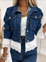 Retro Fashion Floral Lace Art Patchwork Lapel Casual Stylish Denim Coat