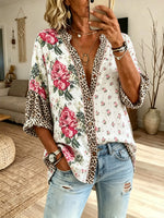Women's Floral Leopard Patchwork V-Neck Long Sleeve Shirt