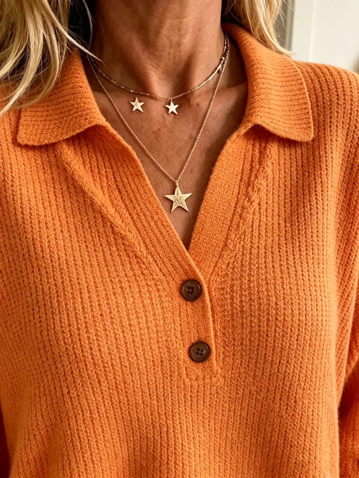 Women's Lapel Collar Henley Knit Sweater