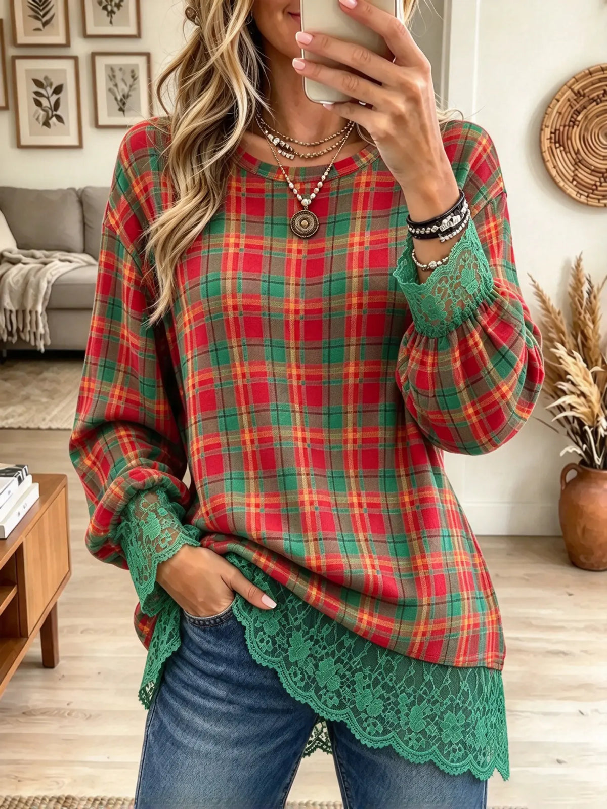 Women's Plaid Crochet Lace Trim Tunic Top