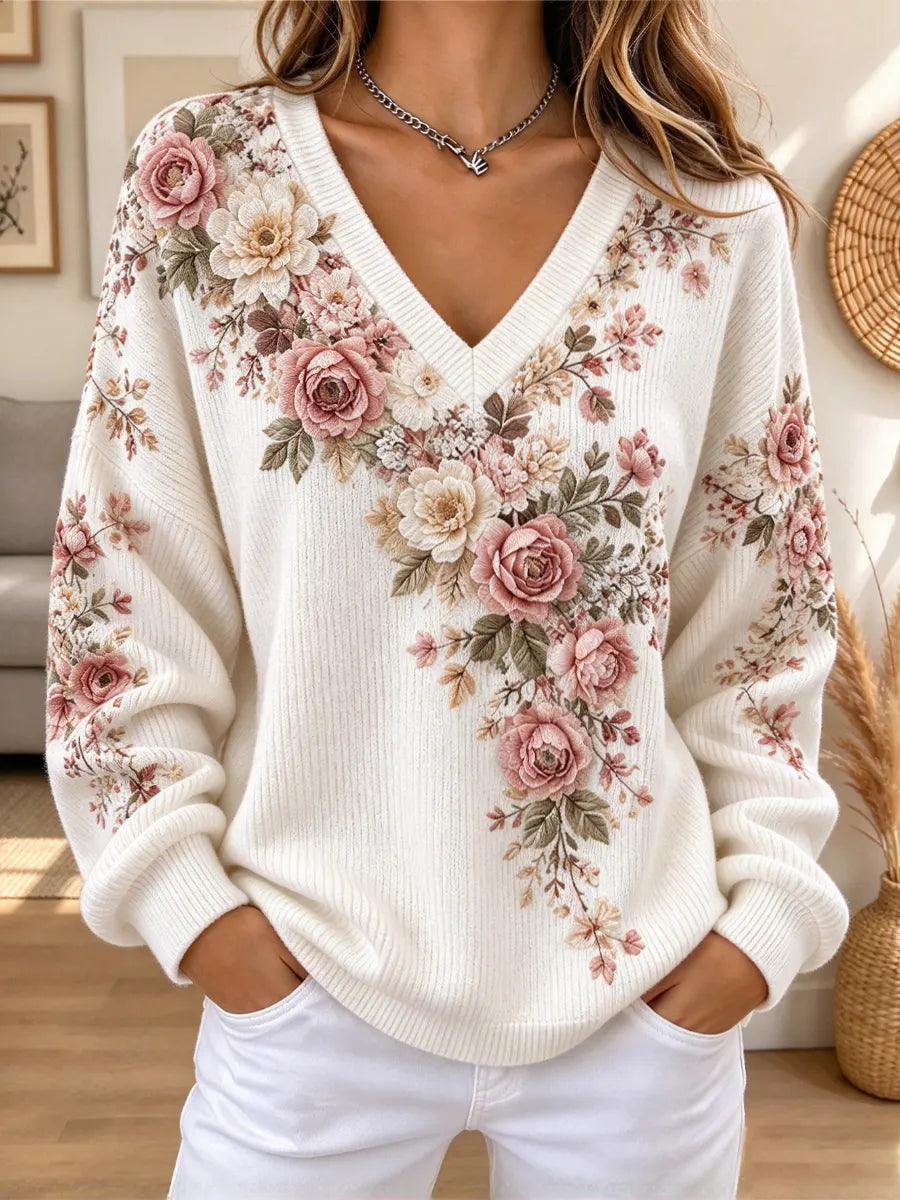 Retro Floral Pattern Art Casual Stylish Long Sleeve Knit Sweater