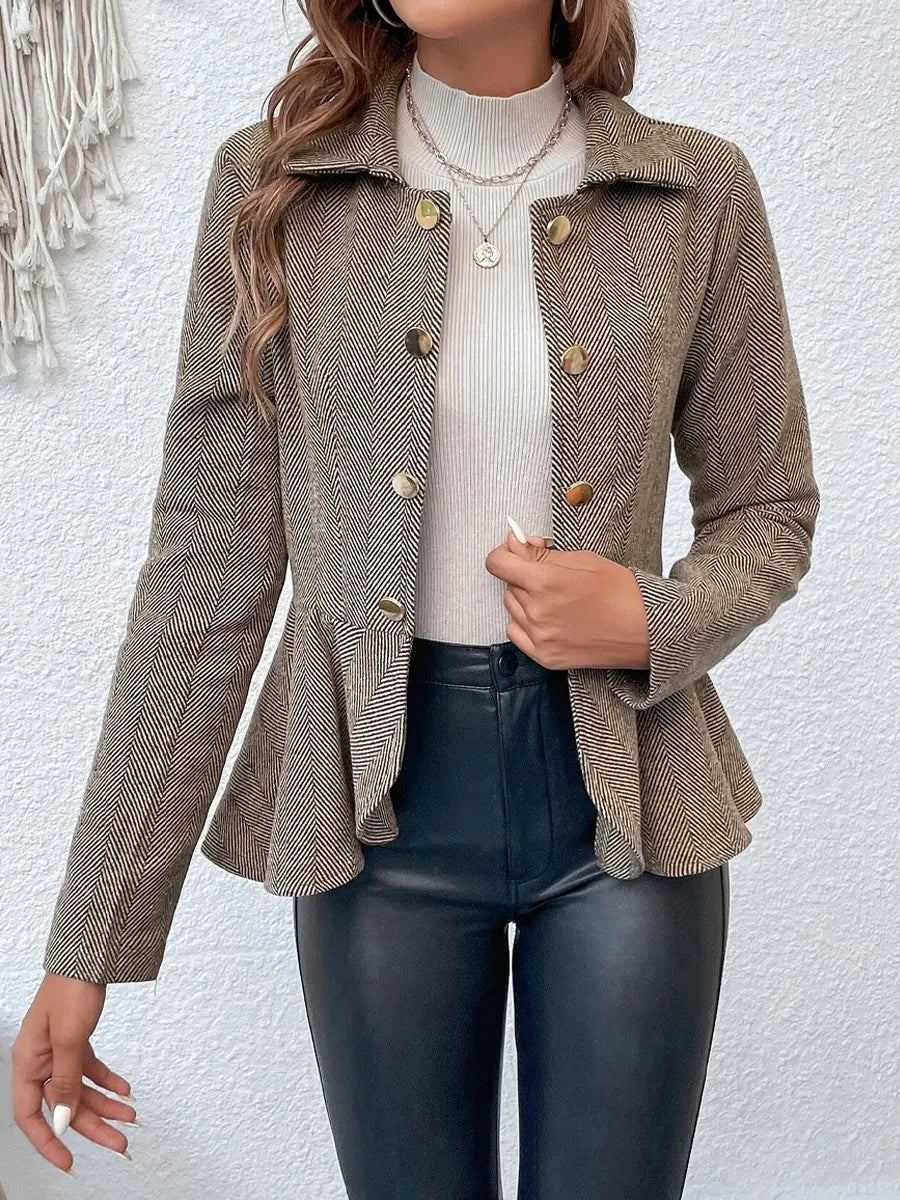 Retro Ruffle Art Stripe Pattern Casual Stylish Long Sleeve Lapel Coat