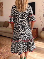 Women Zebra Print Ruffle Midi Dress Round Neck Flounce Short Sleeve Loose Casual Dress With Pockets