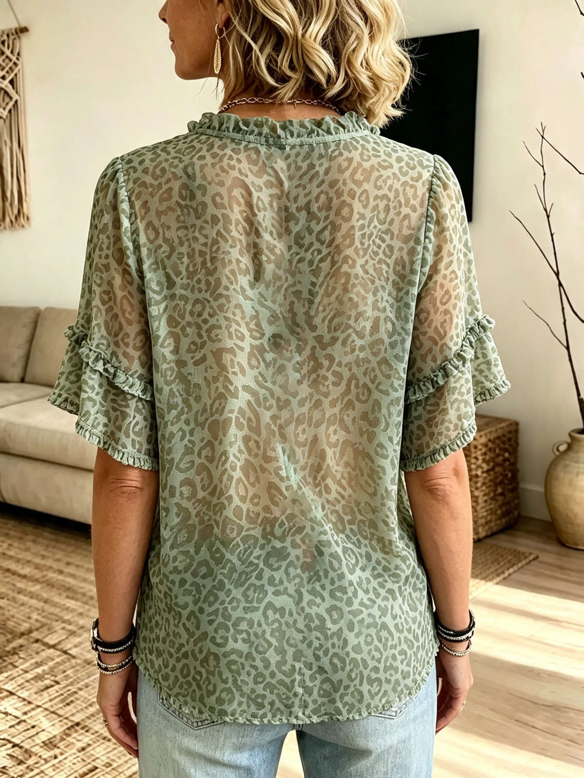 Women's Sheer Leopard Ruffle Short Sleeve Blouse