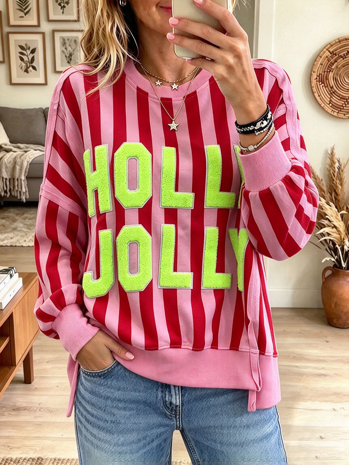 Women's Pink and Red Striped "Holly Jolly" Christmas Sweatshirt