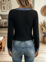 Women's Denim Tie-Front V-Neck Ribbed Top