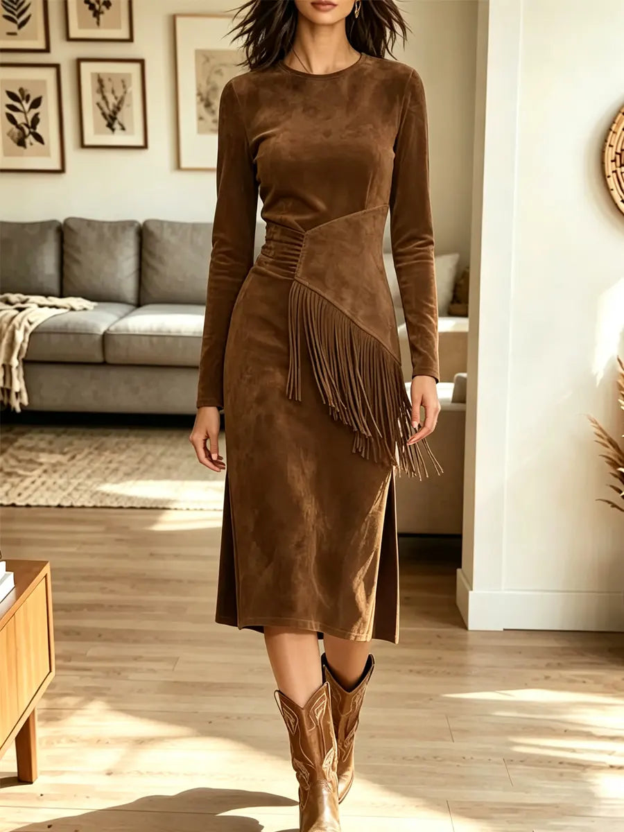 Retro Western Fringe Patchwork Art Casual Stylish Long Sleeve Midi Dress