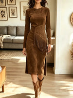Retro Western Fringe Patchwork Art Casual Stylish Long Sleeve Midi Dress