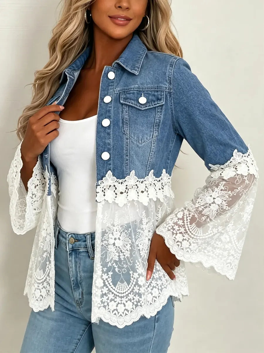 Retro Floral Lace Patchwork Casual Stylish Long Sleeve Denim Lapel Coat