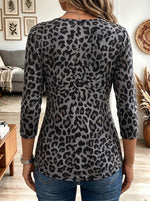 Women's Grey and Black Leopard Print V-Neck Twist Front Long Sleeve Top