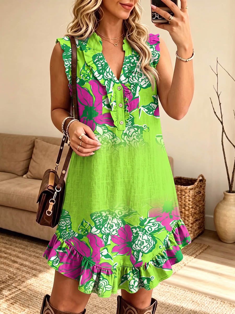 Vintage Elegant Patterned Print Patchwork Trim Ruffle Dress