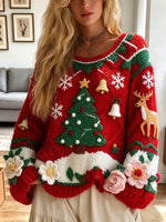Vintage Floral Christmas Tree Knitted Art Casual Stylish Long Sleeve Sweater