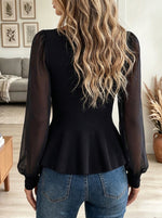 Women's Camel U-Neck Long Sleeve Slim Fit Top with Leopard Print Sleeves