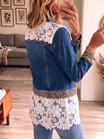 Vintage Elegant Denim Patchwork Hollowed Out Lace Jacket