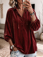Rust Velvet Drawstring V‑Neck Balloon Sleeve Blouse