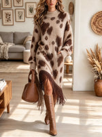 Women's Cow Print Fringe Knit Sweater Dress