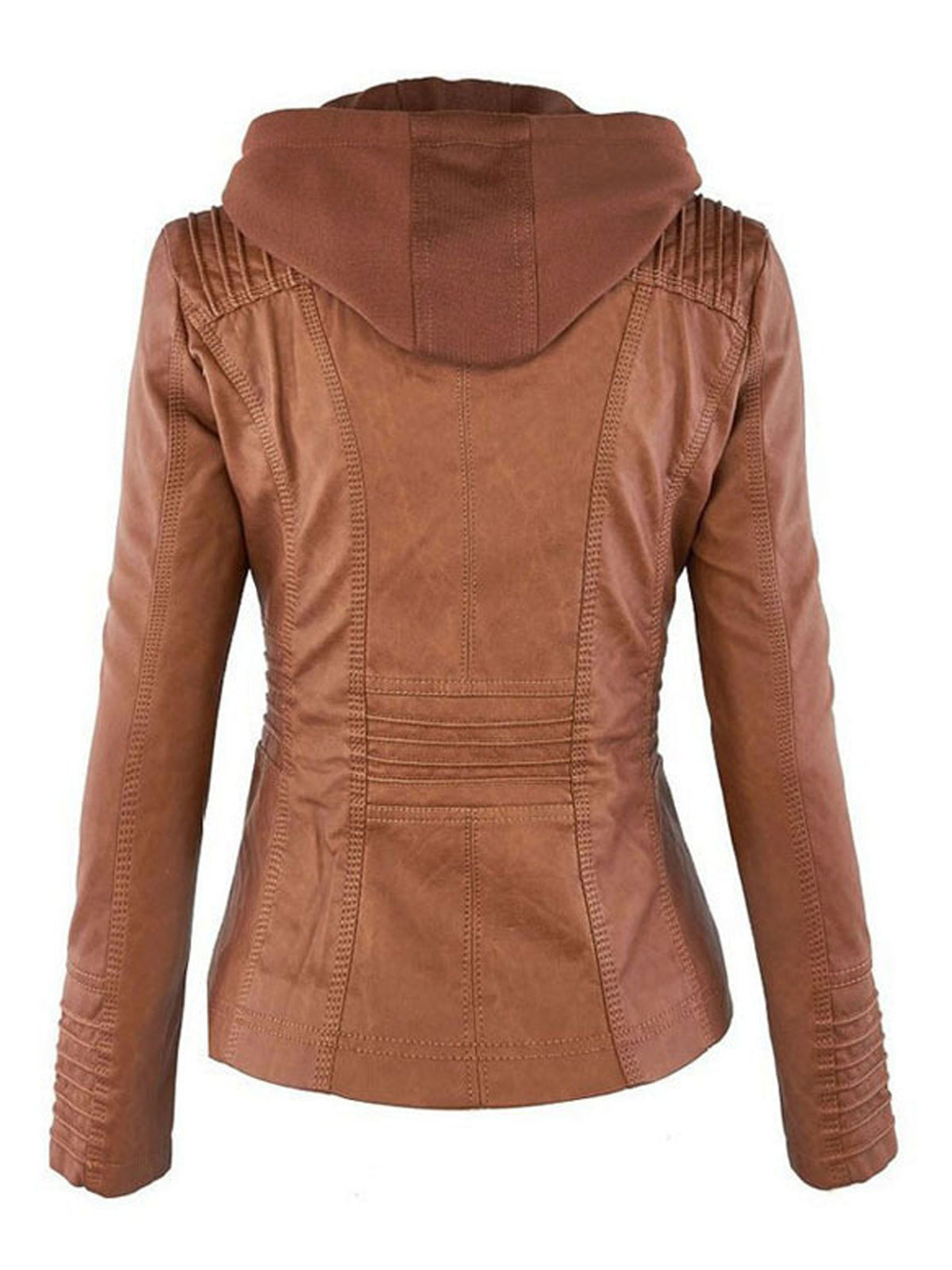Women Detachable Hood Faux Leather Biker Jacket, Zip‑Up Slim Moto Coat With Multi Zipper Pockets