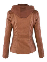 Women Detachable Hood Faux Leather Biker Jacket, Zip‑Up Slim Moto Coat With Multi Zipper Pockets