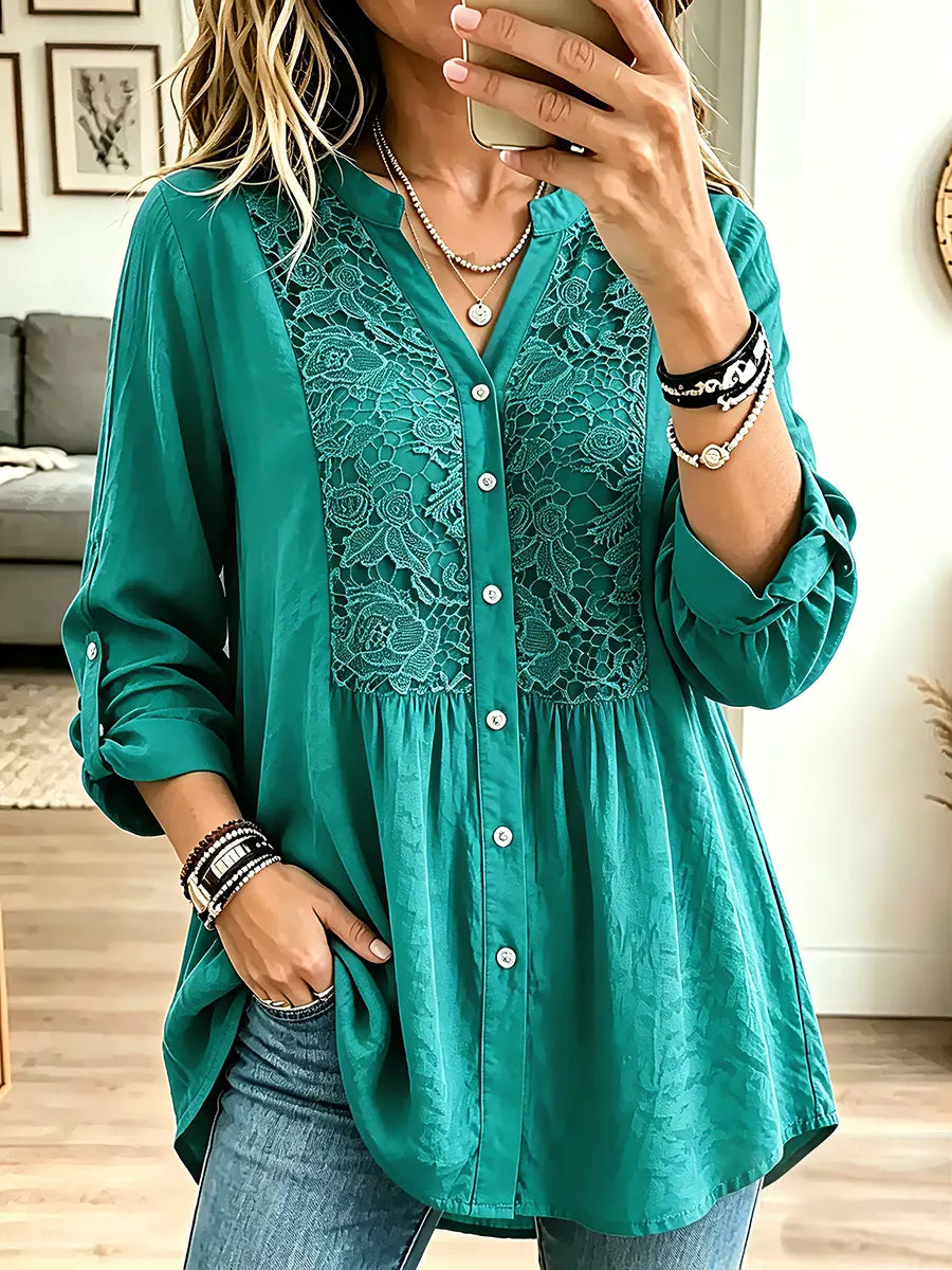 Vintage Elegant Fashionable Loose-fitting Openwork Lace Trim Shirt
