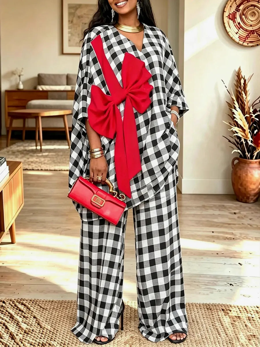 Women's Bowknot Decor Straight-leg Pants Loose Casual Two-piece Set
