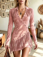 Women's Western Asymmetrical Fringe Studded Suede Dress