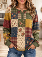Women's Retro Floral Patchwork Henley Pullover Top