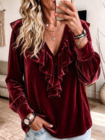 Mustard Velvet Ruffle V‑Neck Long Puff Sleeve Blouse