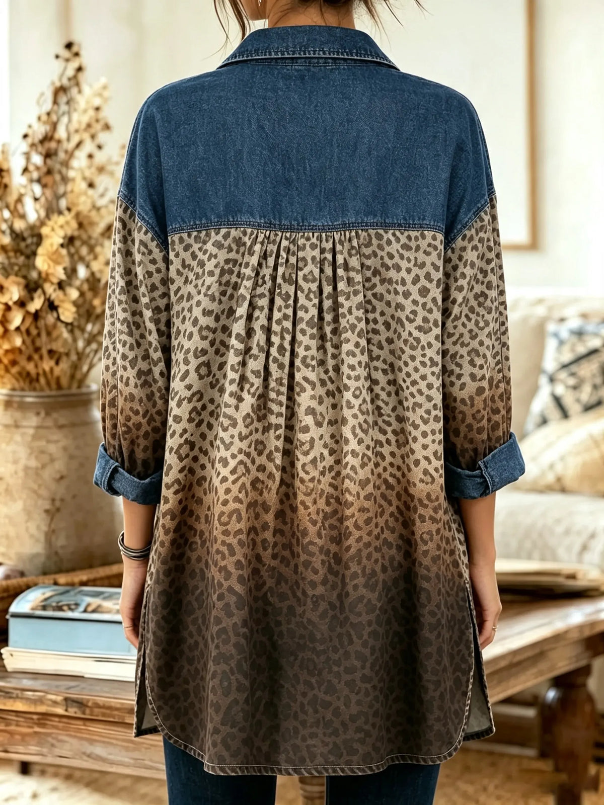 Women's Ombre Leopard Denim Yoke Top