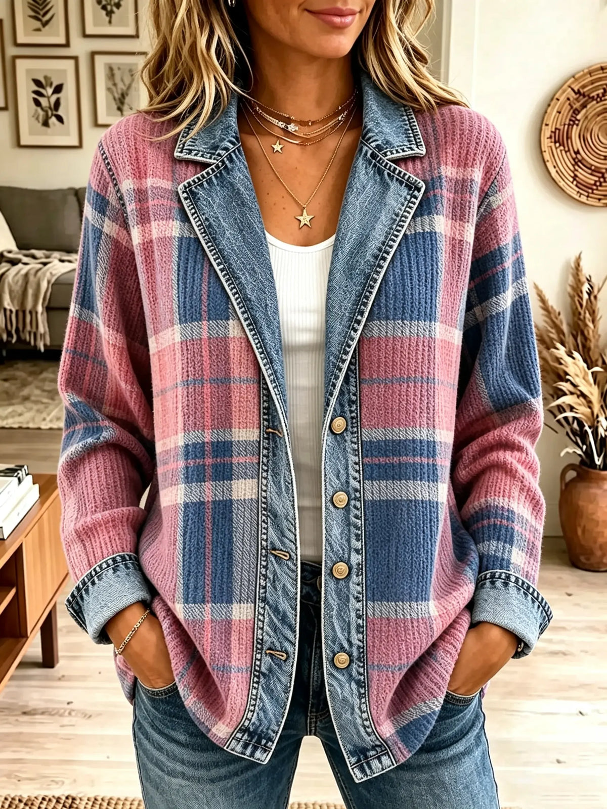 Women's Denim Patchwork Plaid Button-Down Jacket
