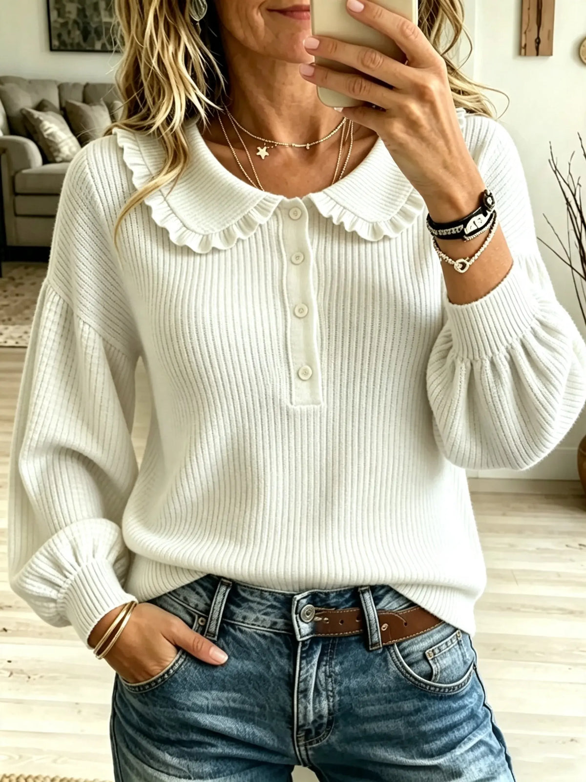 Women's Ruffled Collar Ribbed Knit Sweater