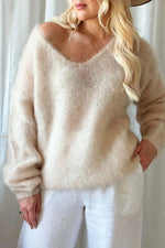 Women Sky Blue Fuzzy V‑Neck Oversized Long Sleeve Knit Sweater