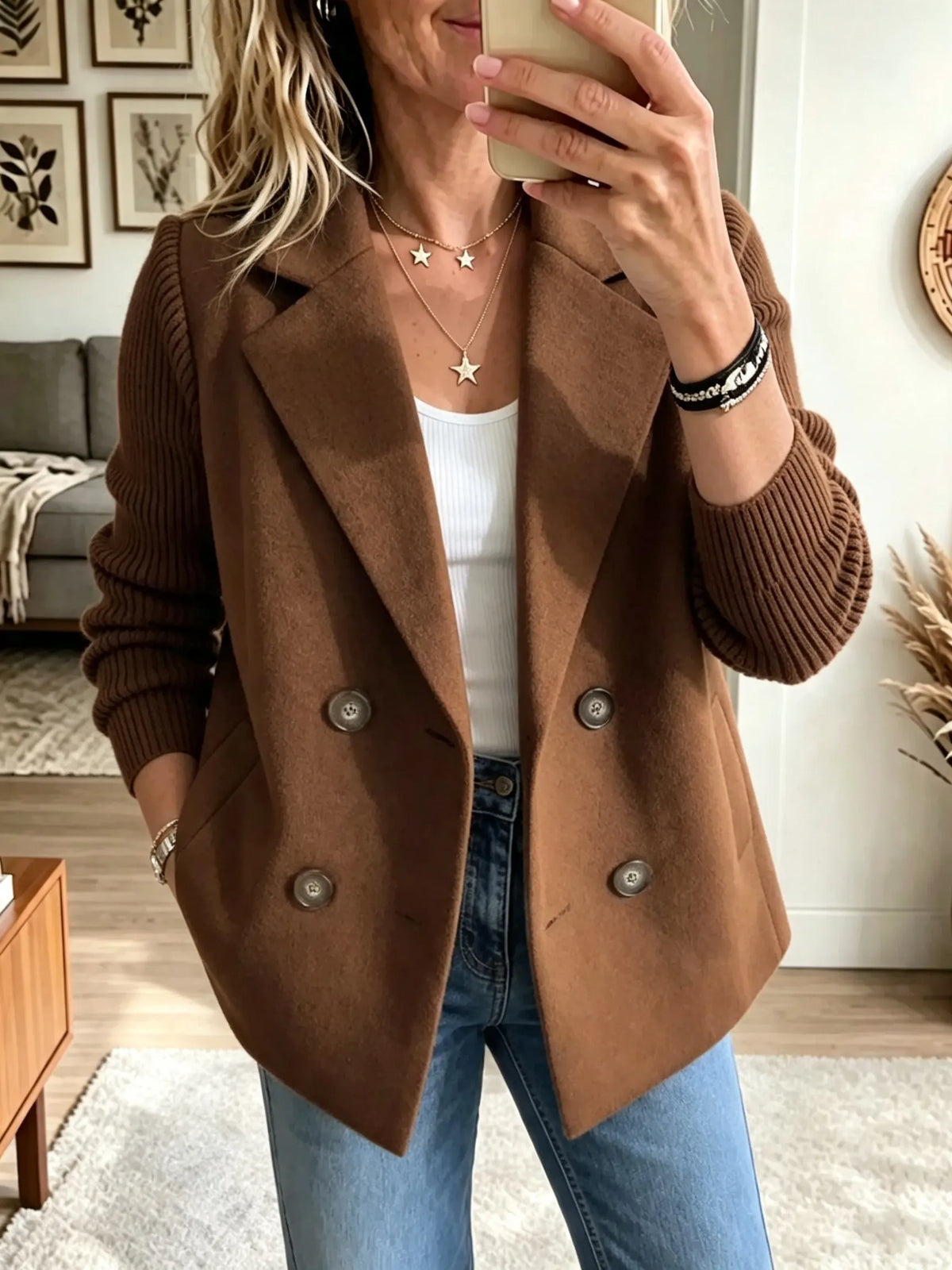 Women's Knit Sleeve Double-Breasted Coat