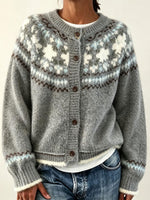 Women Fair Isle Floral Jacquard Round Neck Button‑Down Knit Cardigan