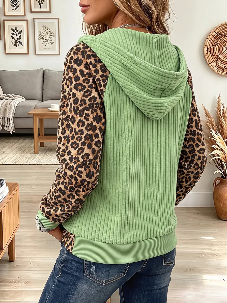 Vintage Elegant Knitted Fabric Patchwork Leopard Hooded Jacket