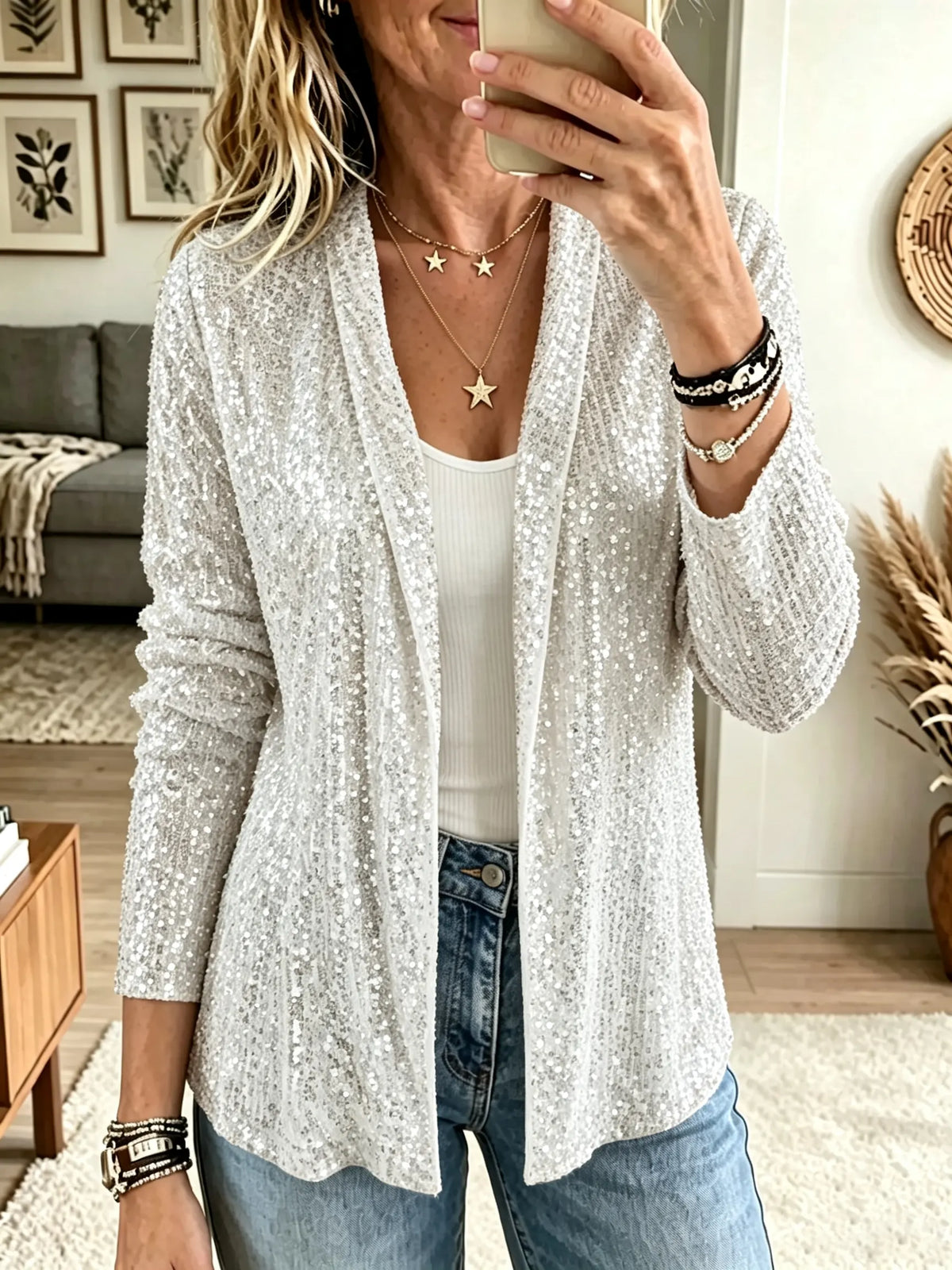 Women's Sequin Open-Front Blazer Cardigan